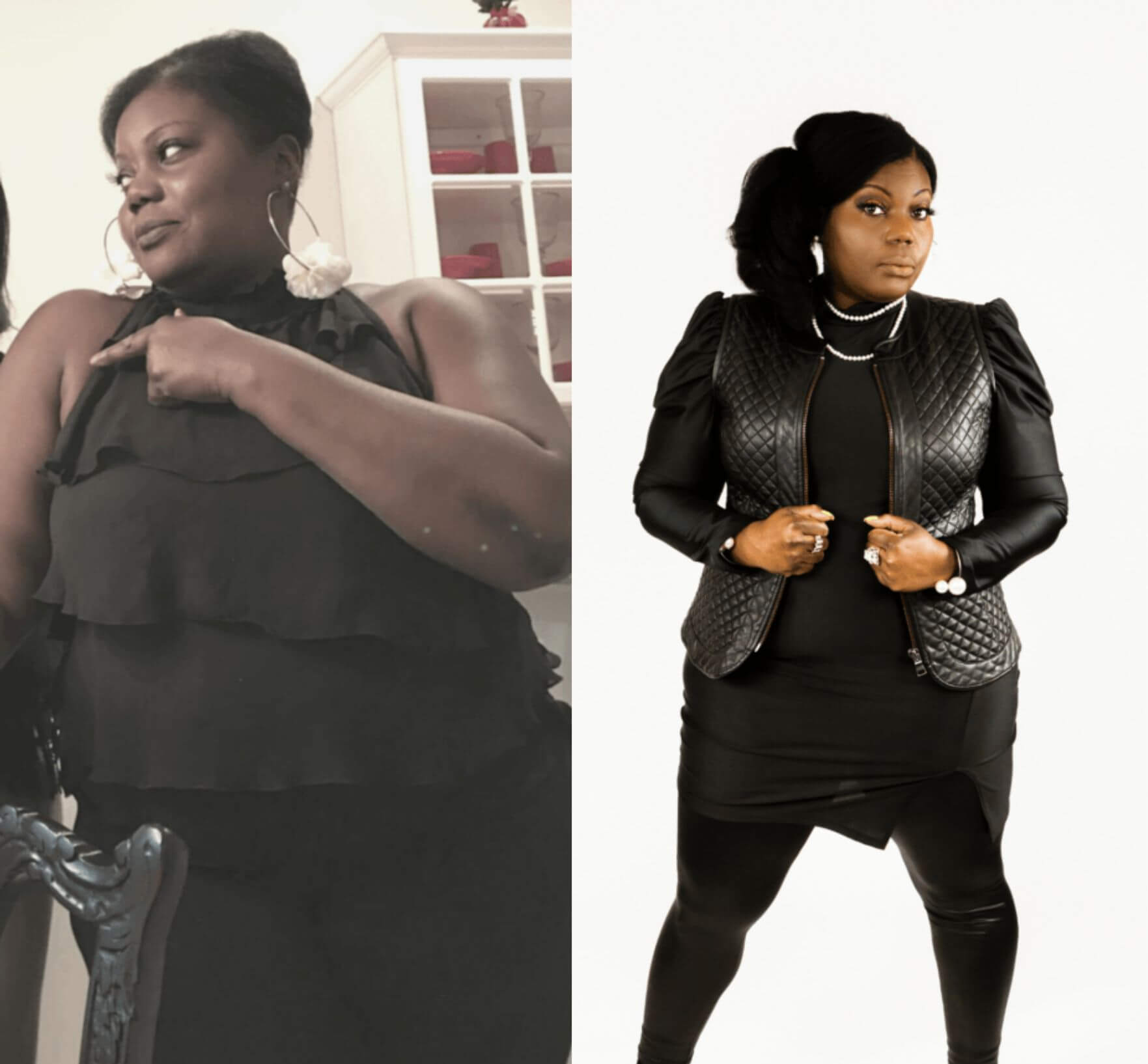 Two pictures of a woman in a black jacket and black pants.