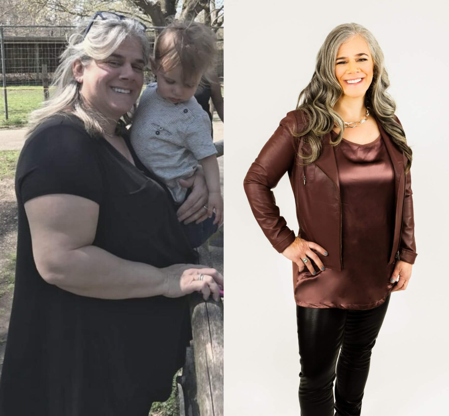 Two pictures of a woman and a child before and after weight loss.