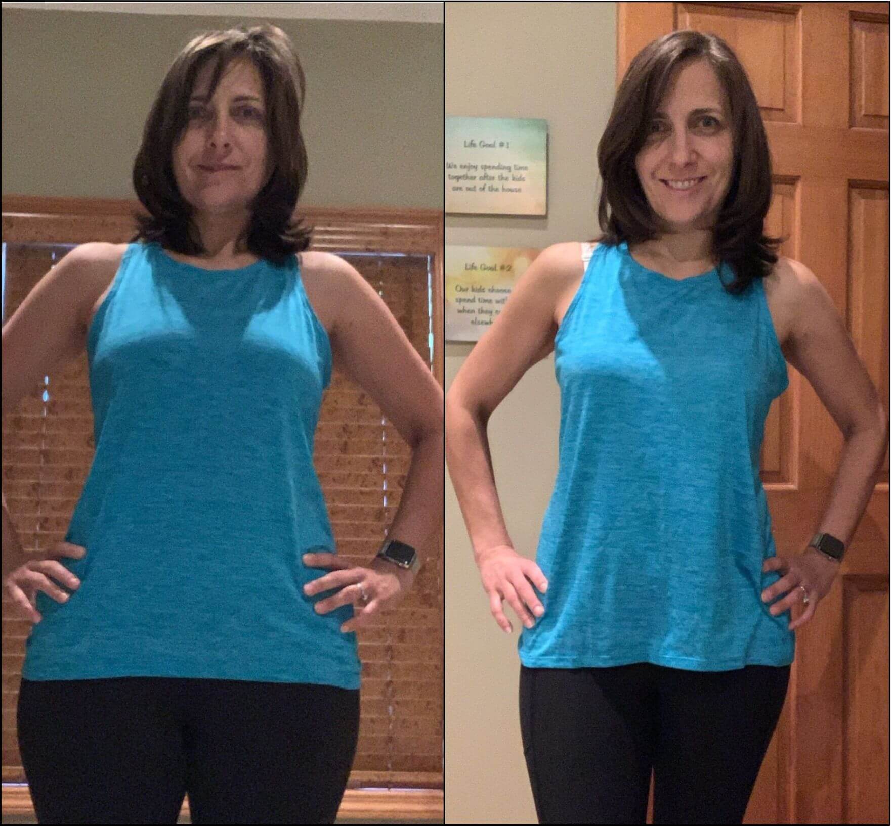 Before and after pictures of a woman wearing a blue tank top and black leggings.
