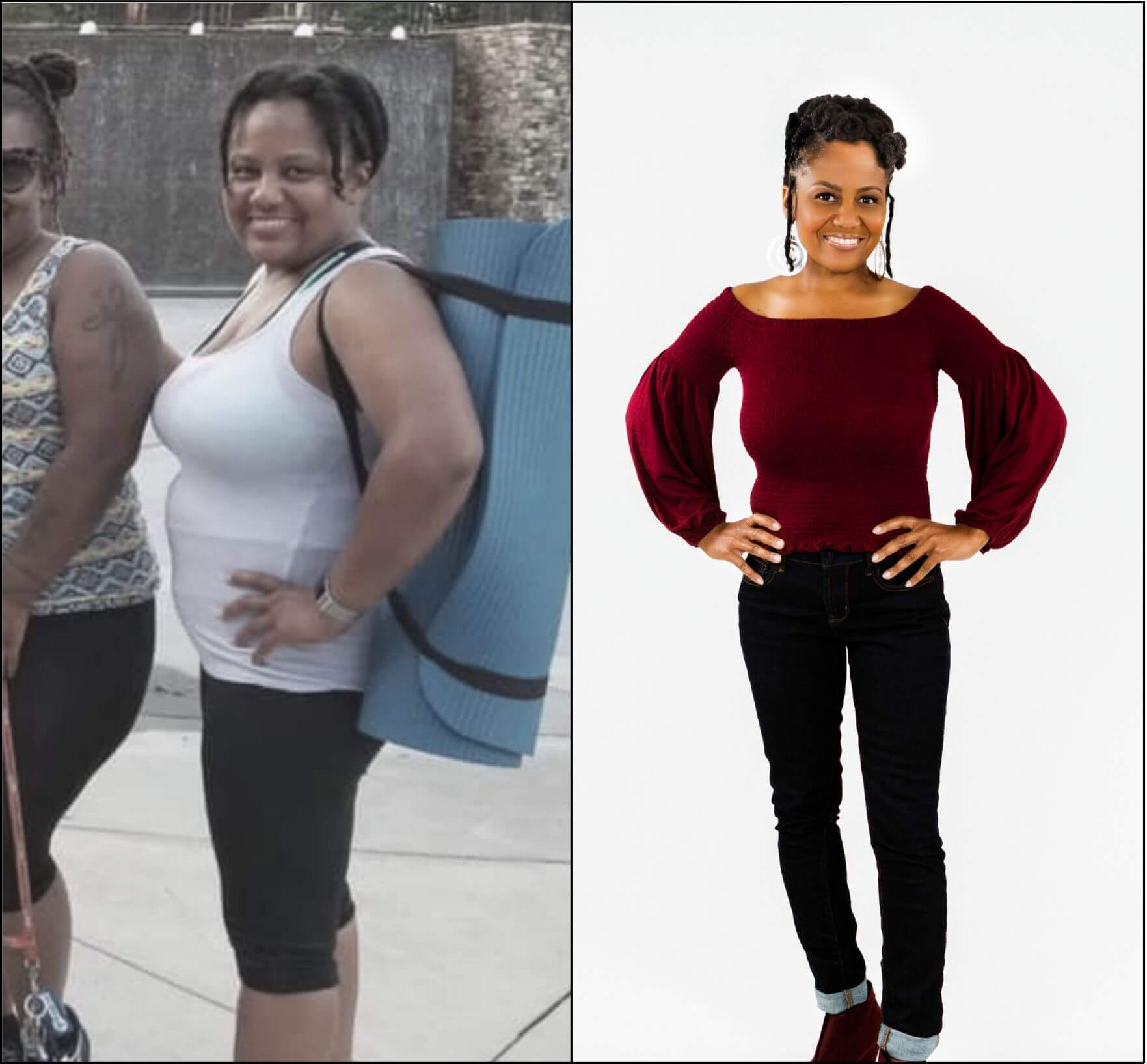 Two pictures of a woman before and after weight loss.