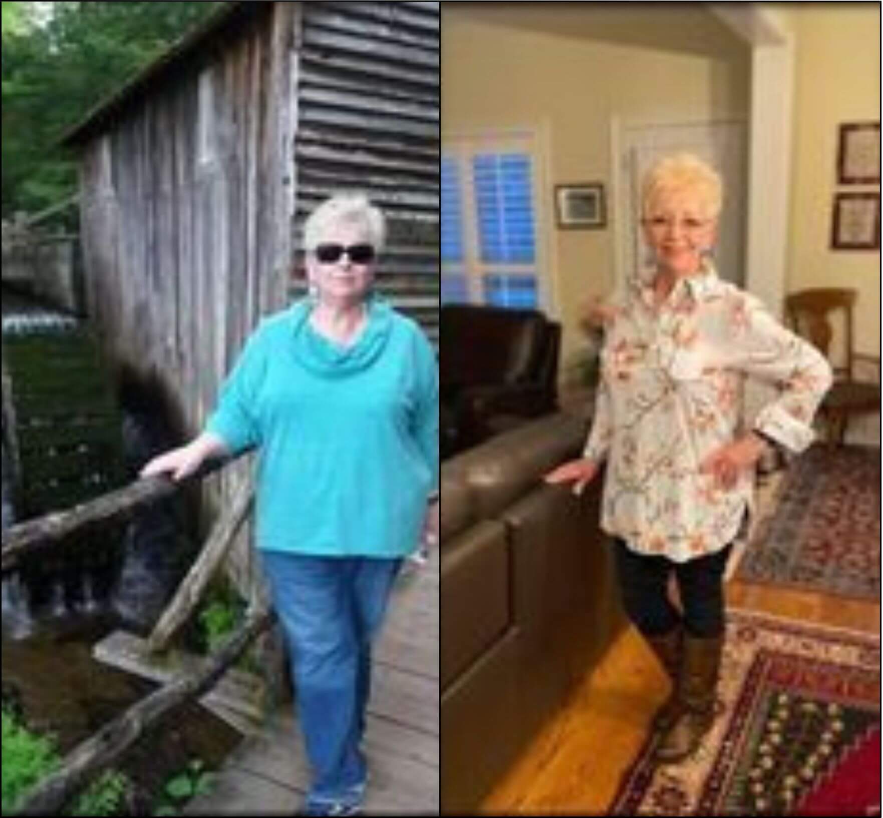 Two pictures of an older woman standing in front of a house.
