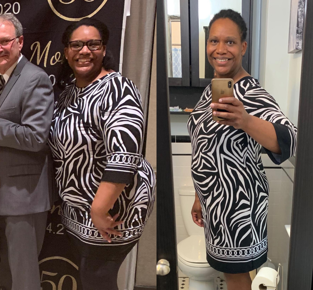 Two pictures of a woman in a zebra print dress and a man in a suit.