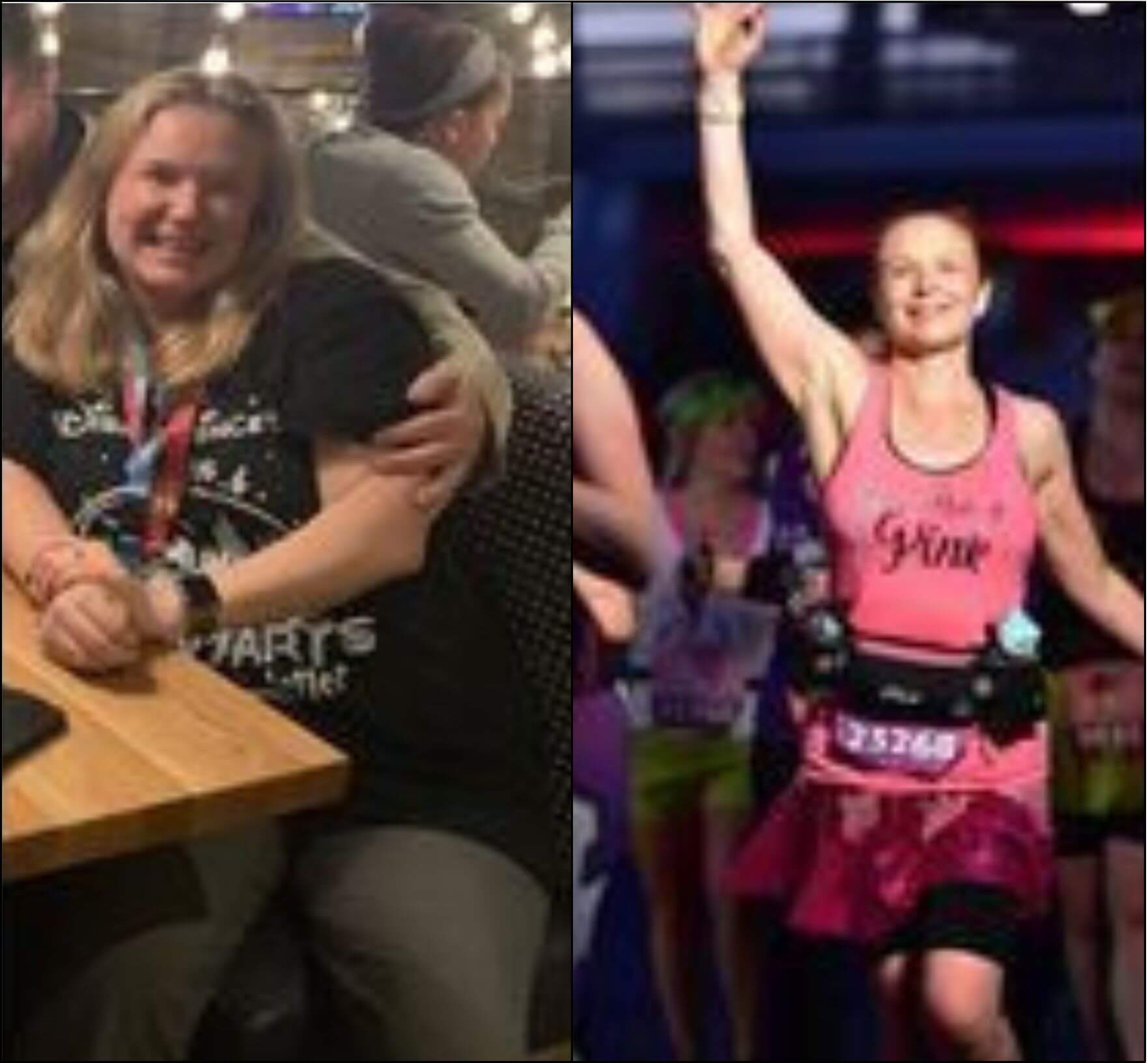 Two pictures of a woman before and after a marathon.