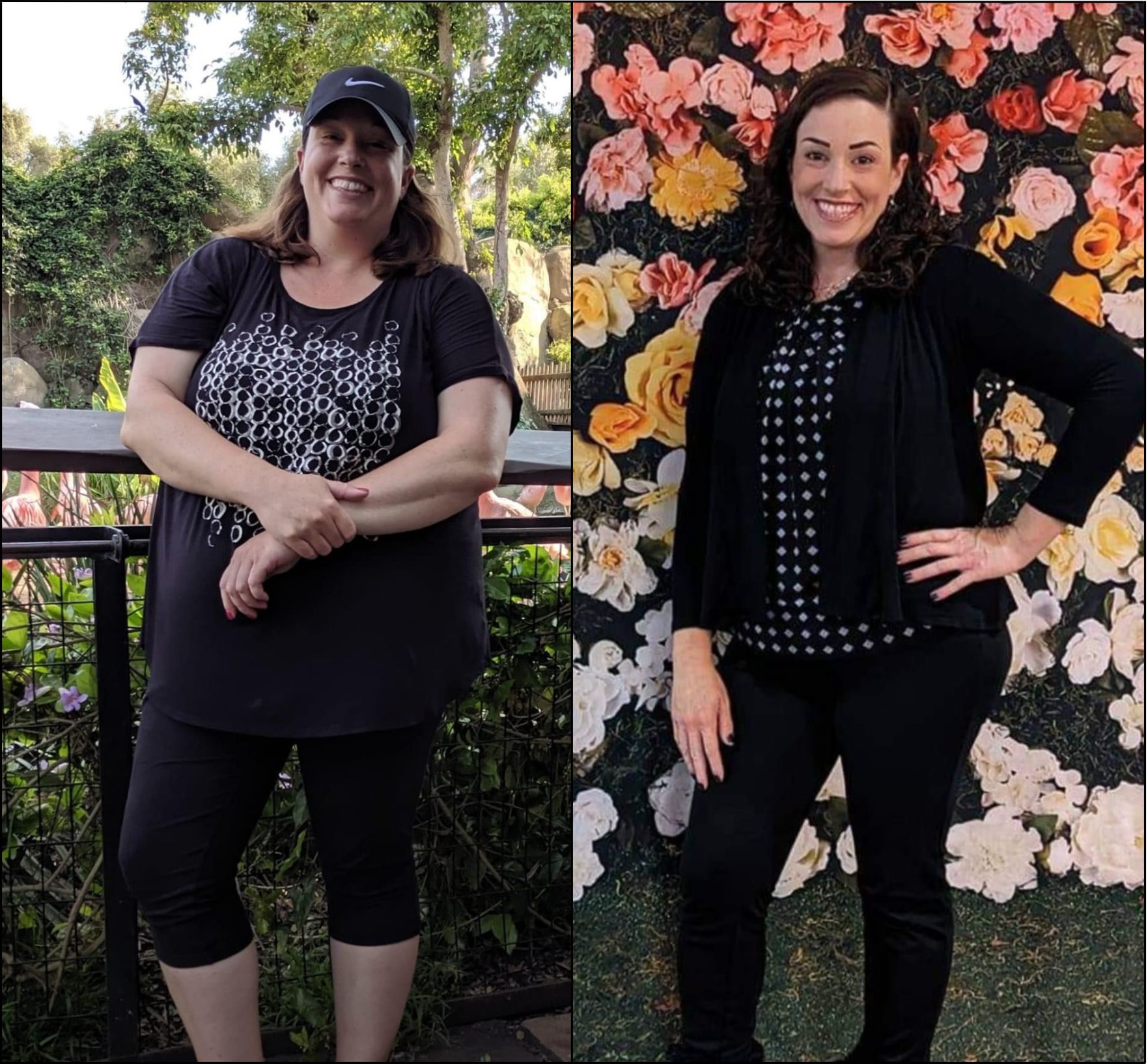 Two photos of a woman posing before and after a weight loss program.
