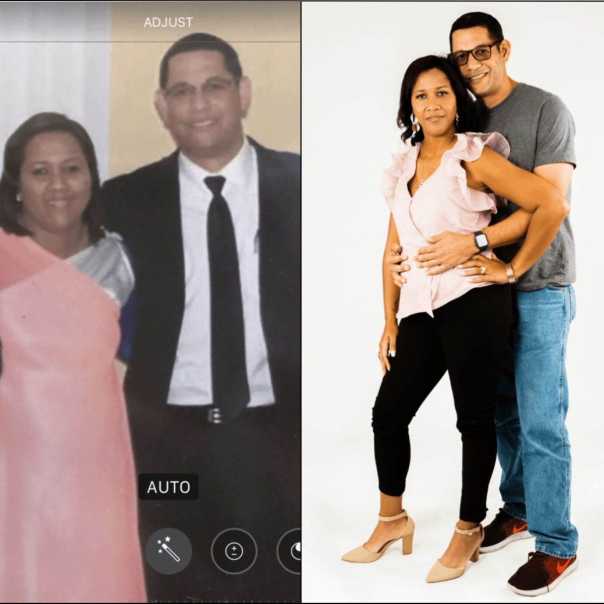 Two pictures of a man and woman posing for a photo.