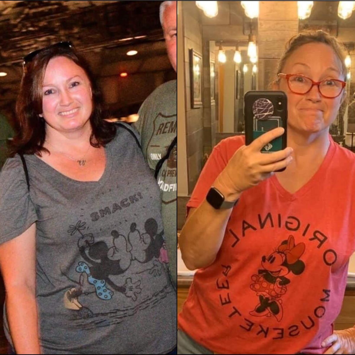 A woman takes a picture of herself before and after a weight loss.