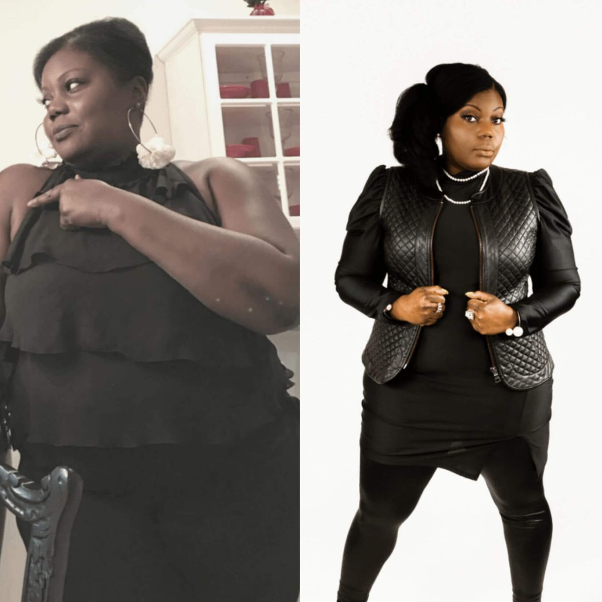Two pictures of a woman in a black jacket and black pants.