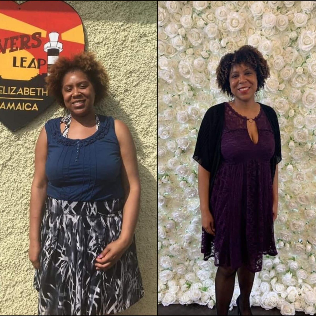 Two pictures of a woman standing in front of a flower wall.