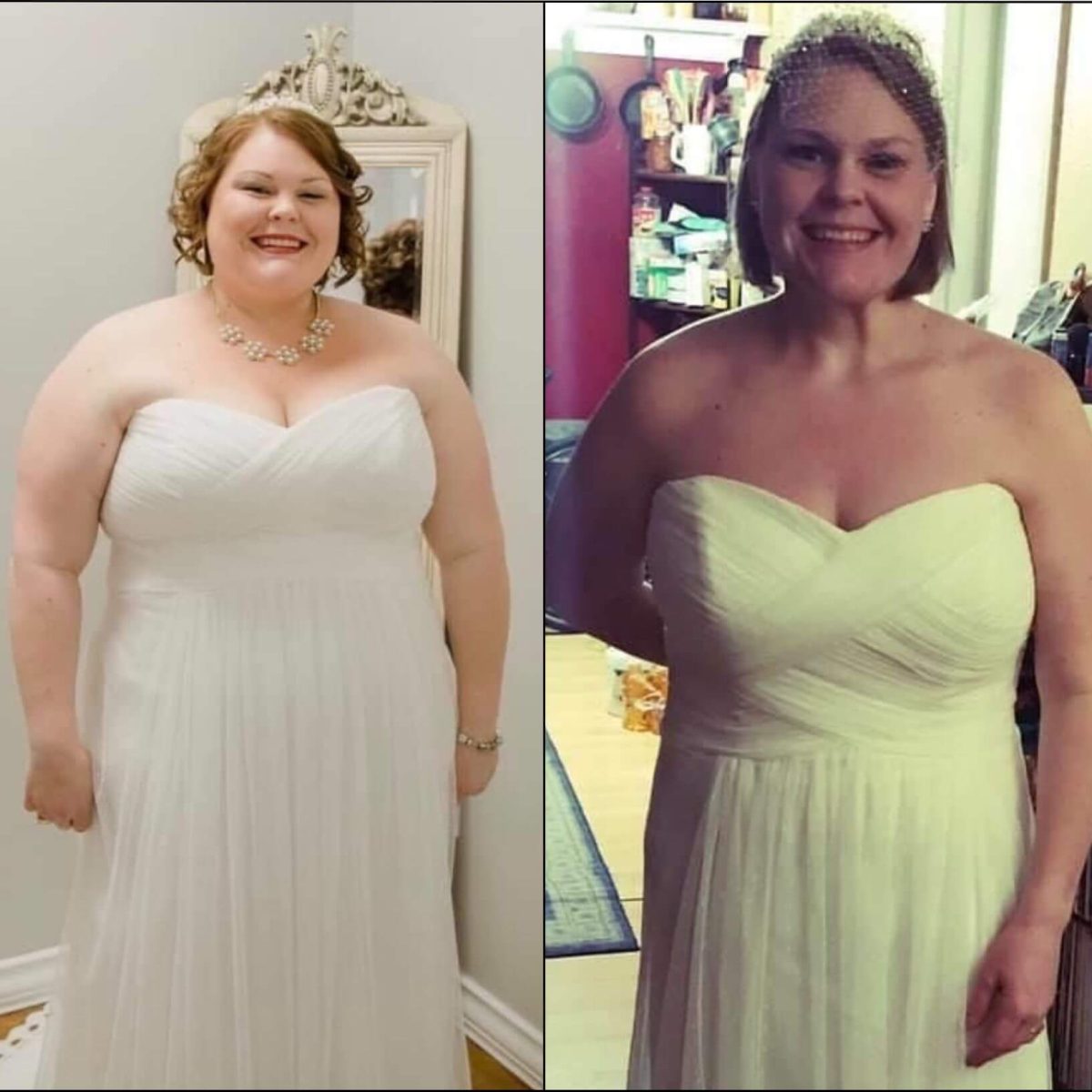 A woman in a wedding dress before and after weight loss