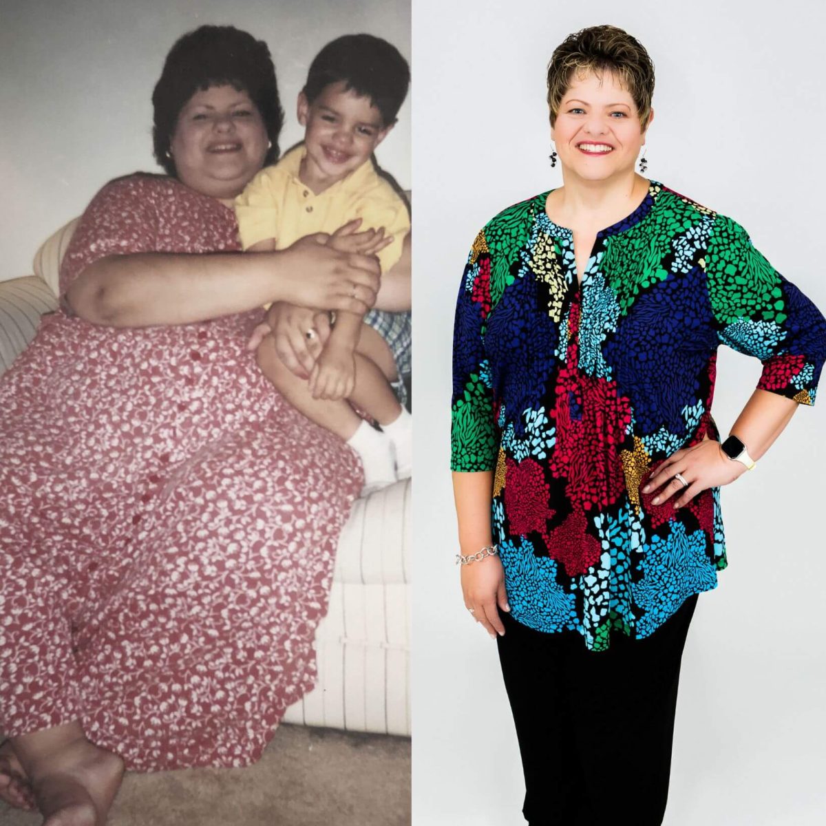 Two photos of a woman and a child before and after weight loss
