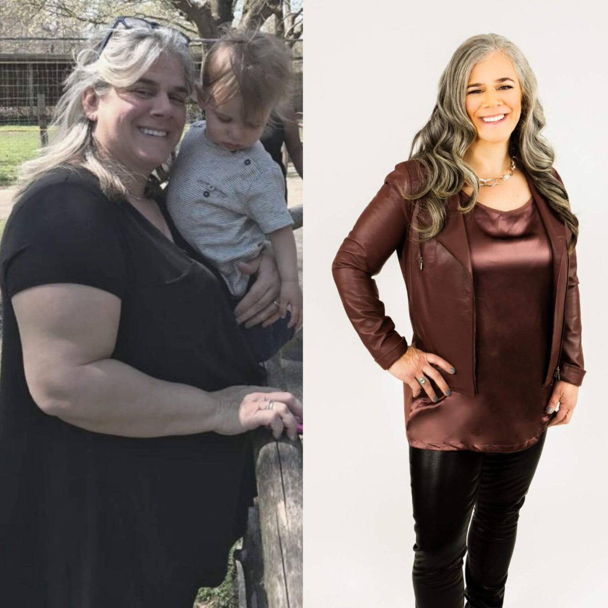 Two pictures of a woman and a child before and after weight loss.
