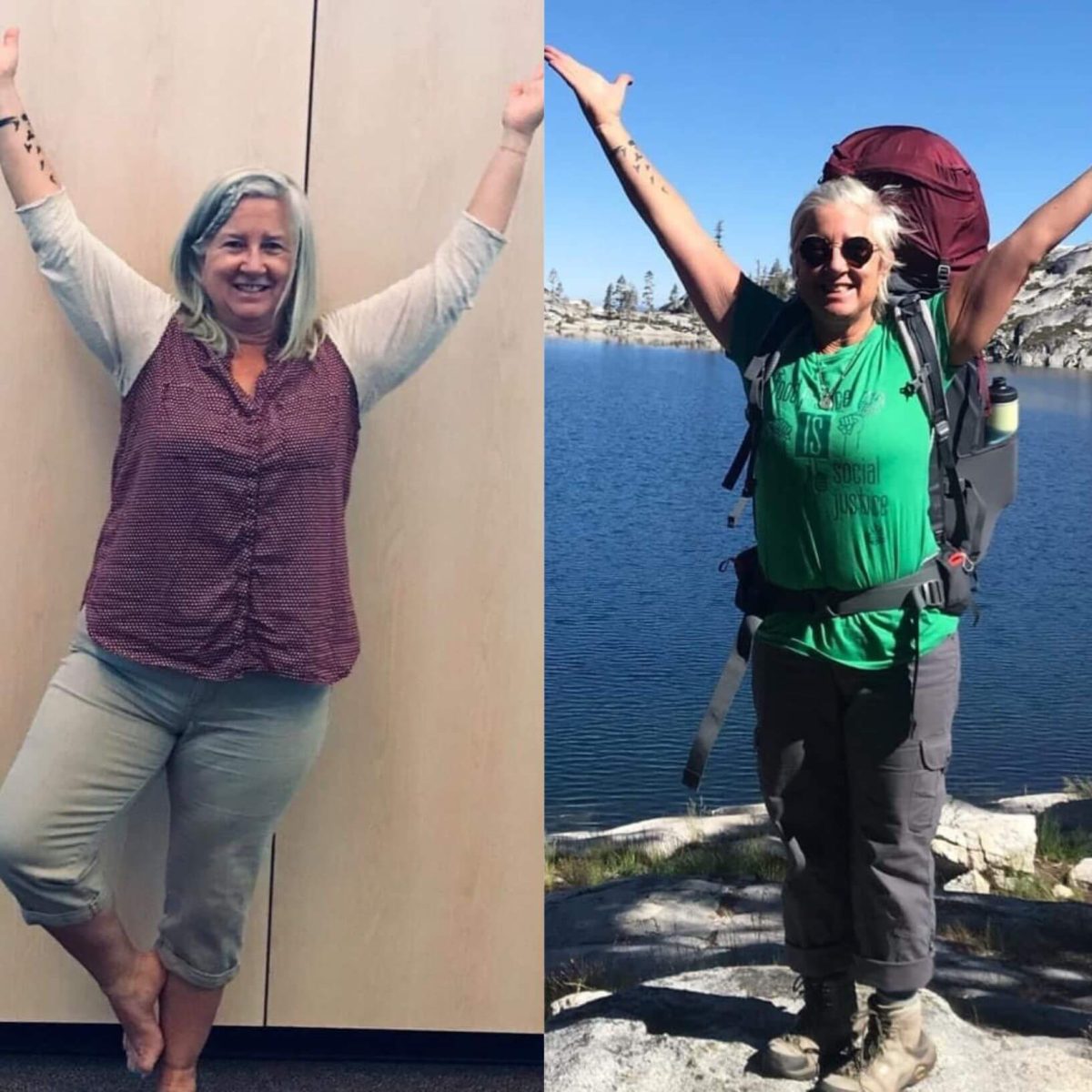 Two pictures of a woman with a backpack in front of a lake