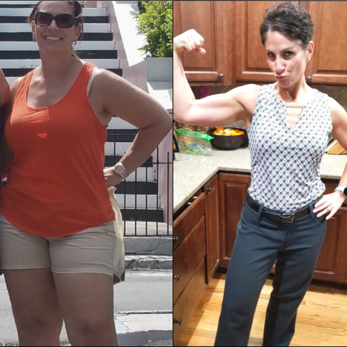 Two pictures of a woman posing before and after weight loss.